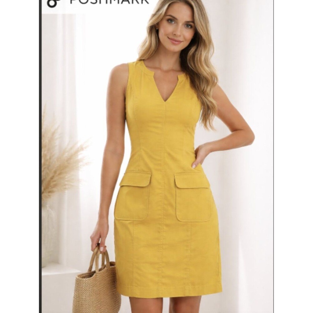 Halogen Mustard Yellow Sleeveless Utility Dress V-Neck Pocket Mini Size 4